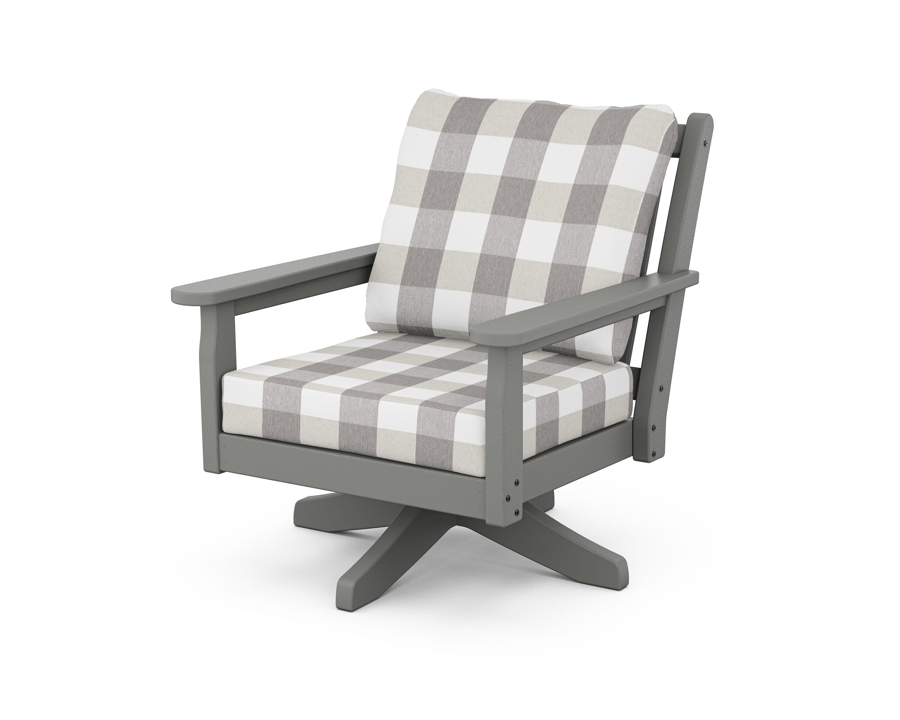 POLYWOOD® Chippendale Deep Seating Swivel Chair in Slate Grey / Buffalo Plaid Grey Mist