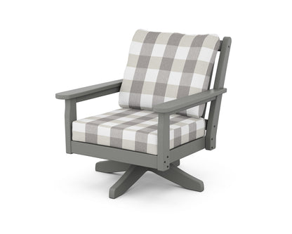 POLYWOOD® Chippendale Deep Seating Swivel Chair in Slate Grey / Buffalo Plaid Grey Mist