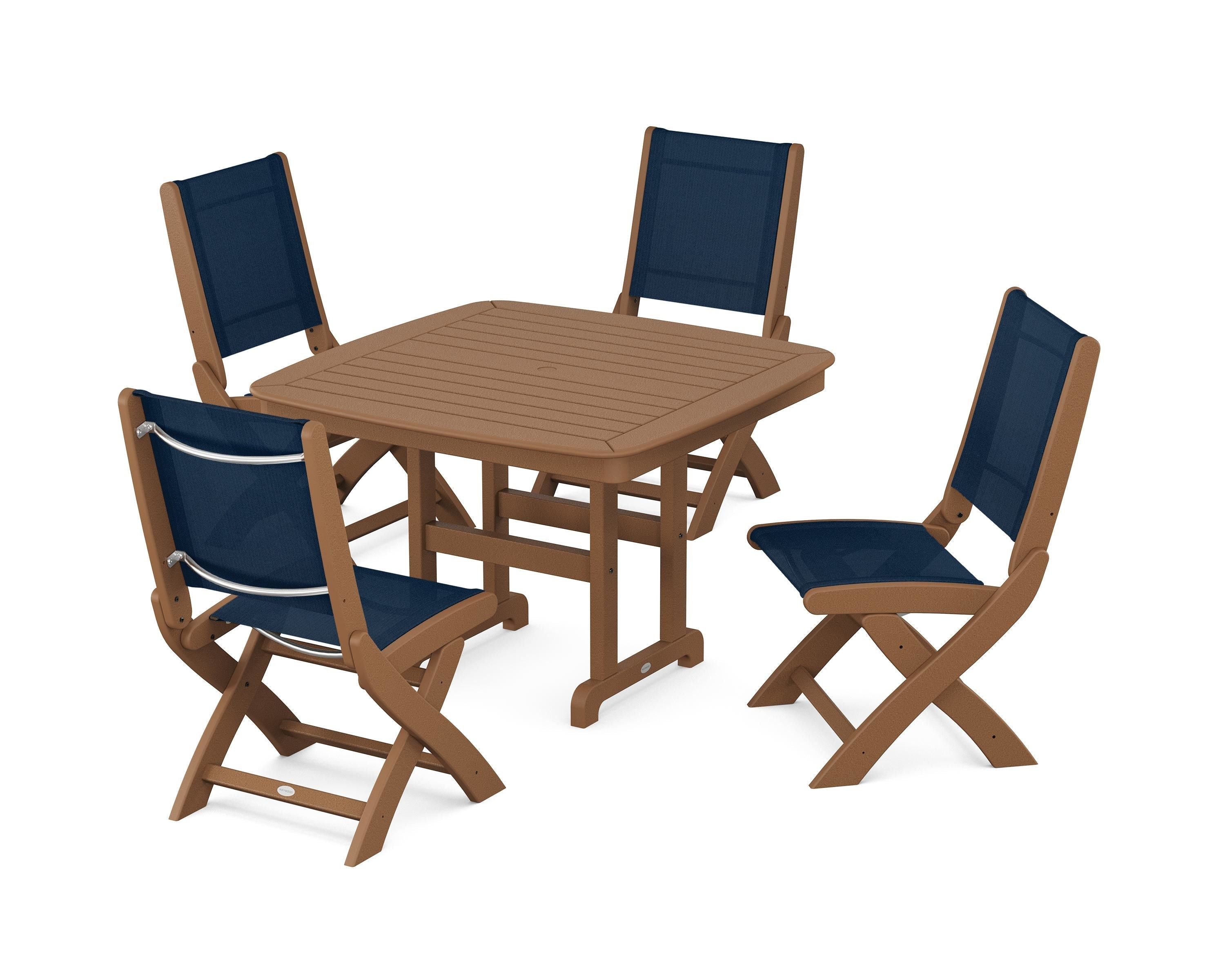 POLYWOOD® Coastal Folding Side Chair 5-Piece Dining Set in Teak / Navy Blue Sling