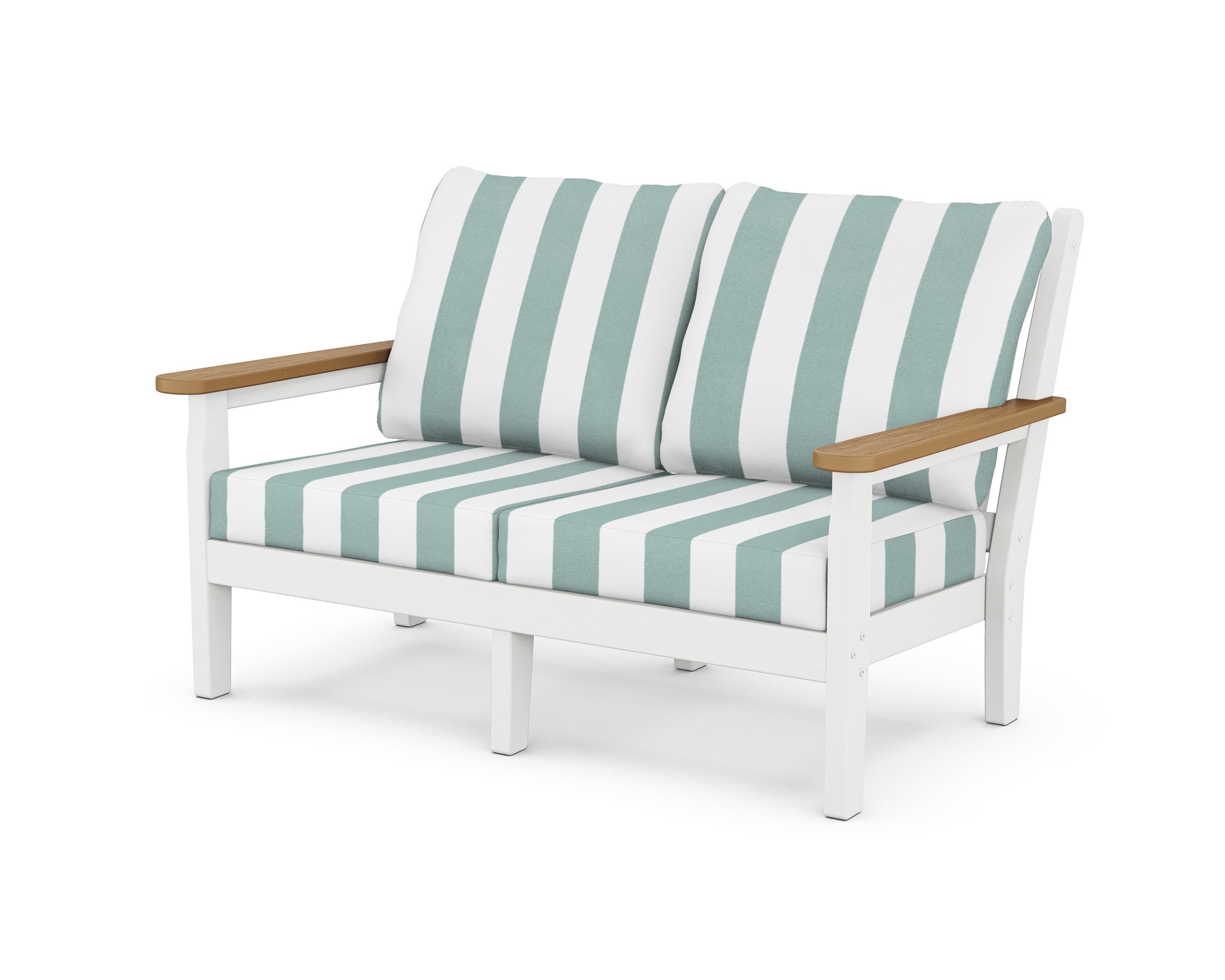 POLYWOOD® Chippendale Deep Seating Loveseat in White / Natural / Cabana Stripe Glacier Spa
