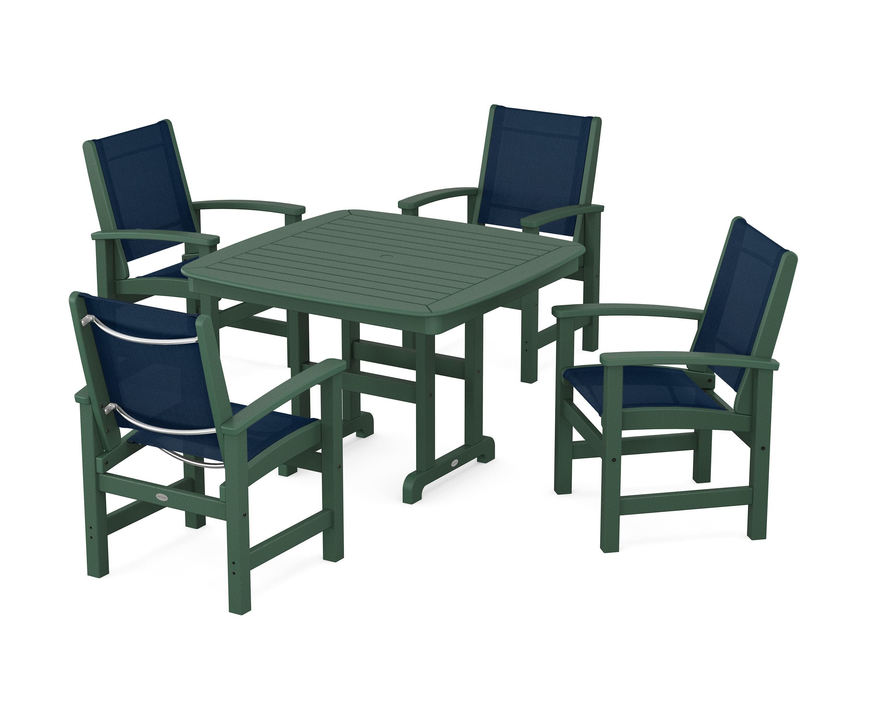 POLYWOOD® Coastal 5-Piece Dining Set in Green / Navy Blue Sling