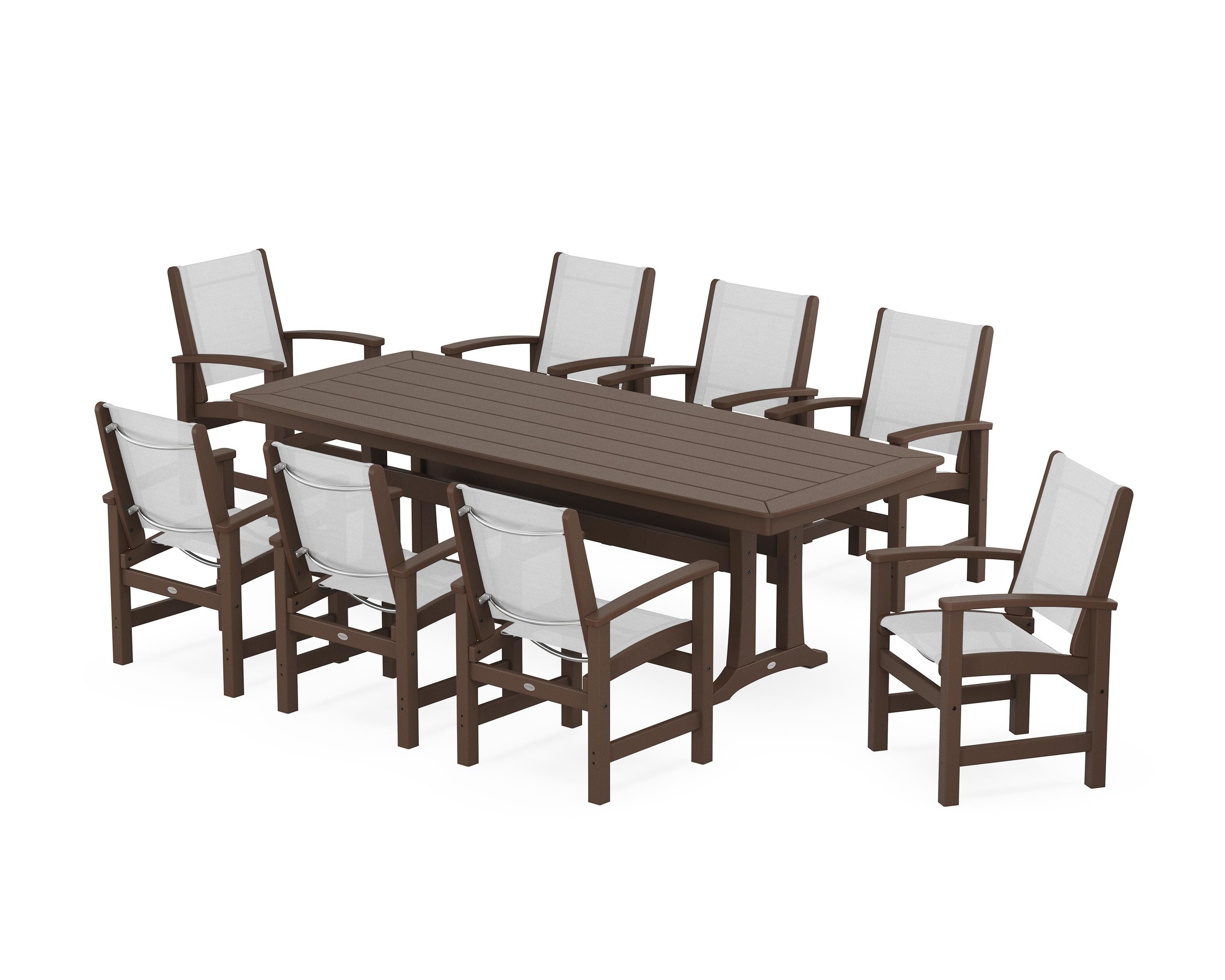 POLYWOOD® Coastal 9-Piece Dining Set with Trestle Legs in Mahogany / White Sling