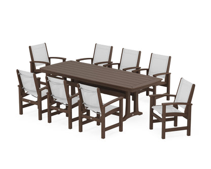 POLYWOOD® Coastal 9-Piece Dining Set with Trestle Legs in Mahogany / White Sling