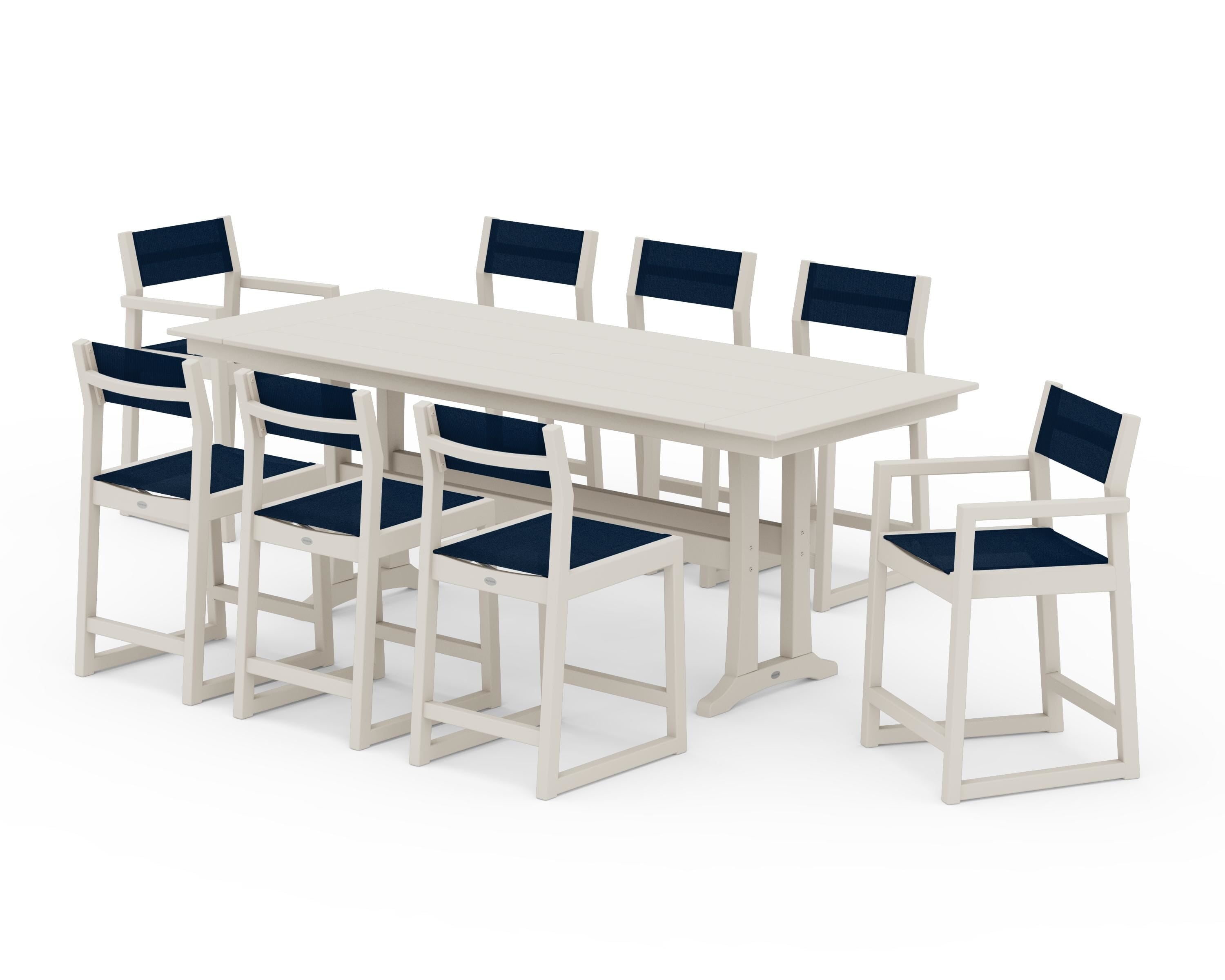 POLYWOOD® EDGE Sling 9-Piece Farmhouse Counter Set with Trestle Legs in Sand / Navy Blue Sling
