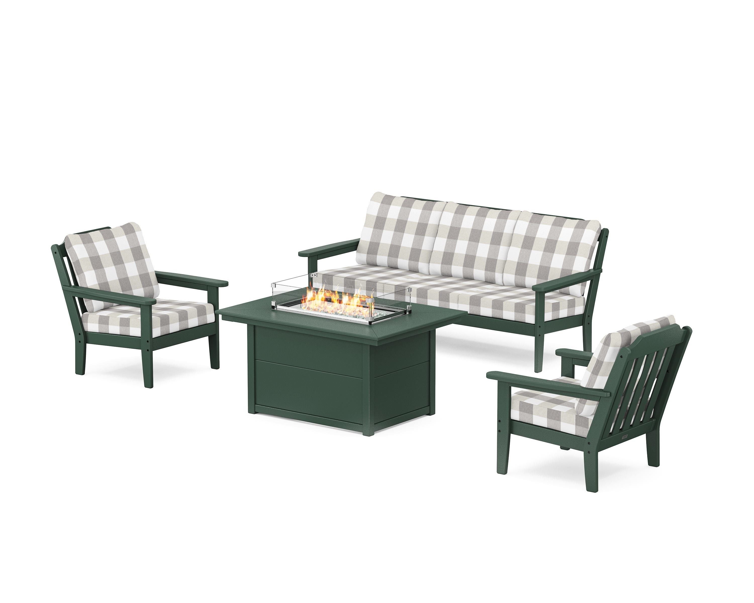 Country Living Cottage Deep Seating Fire Pit Table Set in Green / Buffalo Plaid Grey Mist