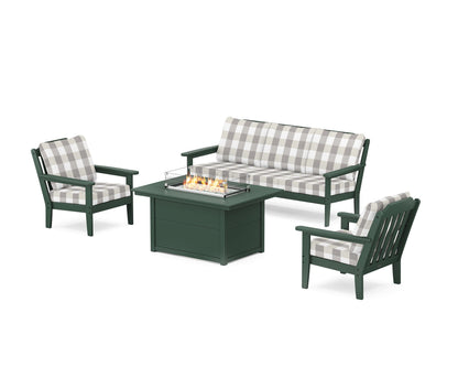 Country Living Cottage Deep Seating Fire Pit Table Set in Green / Buffalo Plaid Grey Mist