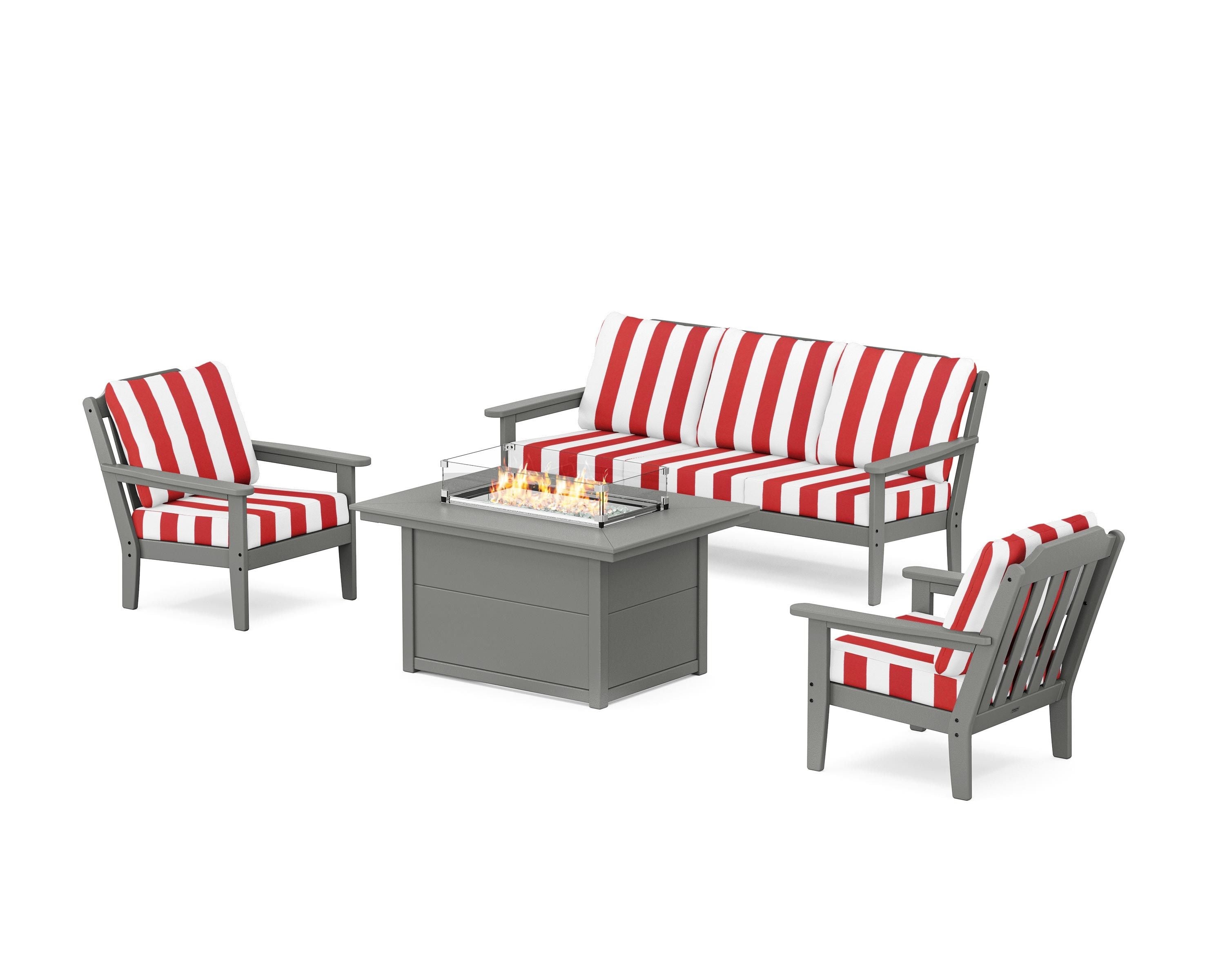 Country Living Cottage Deep Seating Fire Pit Table Set in Slate Grey / Cabana Stripe Crimson