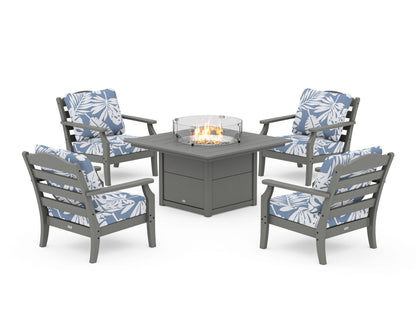 Draper James™ by  POLYWOOD® Savannah 5-Piece Deep Seating Set with Fire Pit Table in Slate Grey / Leaf Sky Blue