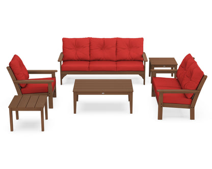 POLYWOOD® Vineyard 6-Piece Deep Seating Set in Teak / Crimson Linen