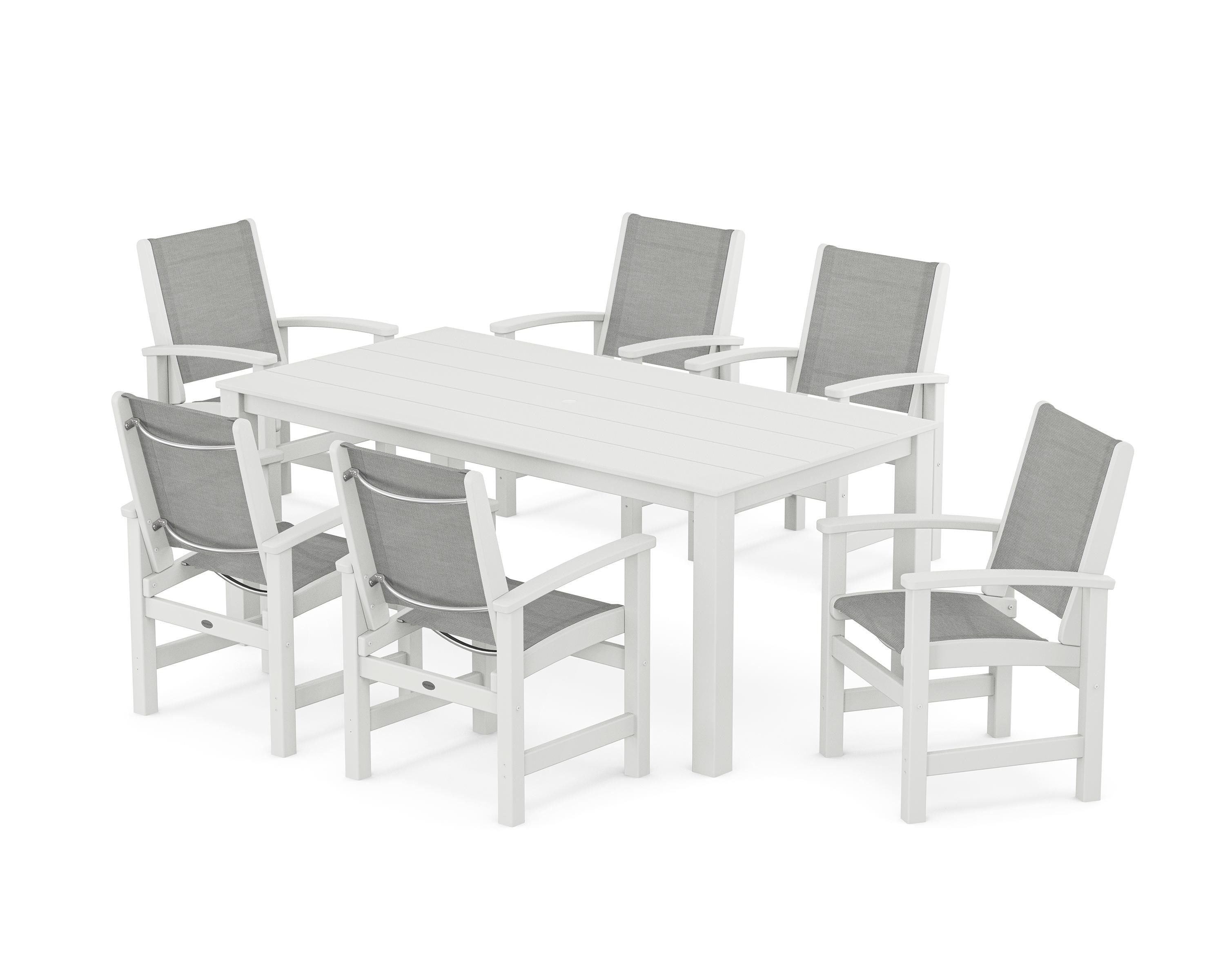 POLYWOOD® Coastal 7-Piece Parsons Dining Set in White / Metallic Sling