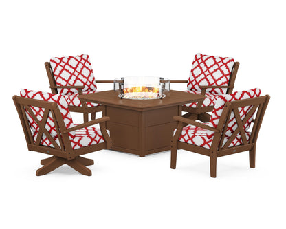 POLYWOOD® Braxton 5-Piece Deep Seating Set with Fire Table in Teak / Trellis Crimson