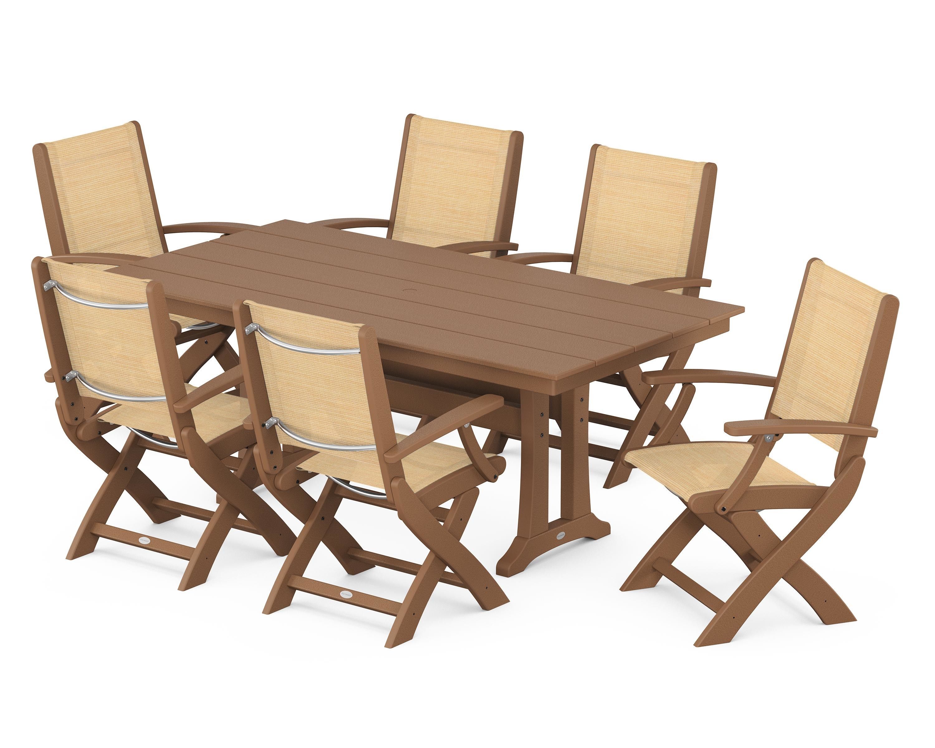POLYWOOD® Coastal Folding Arm Chair 7-Piece Farmhouse Dining Set with Trestle Legs in Teak / Dupioni Apricot Sling