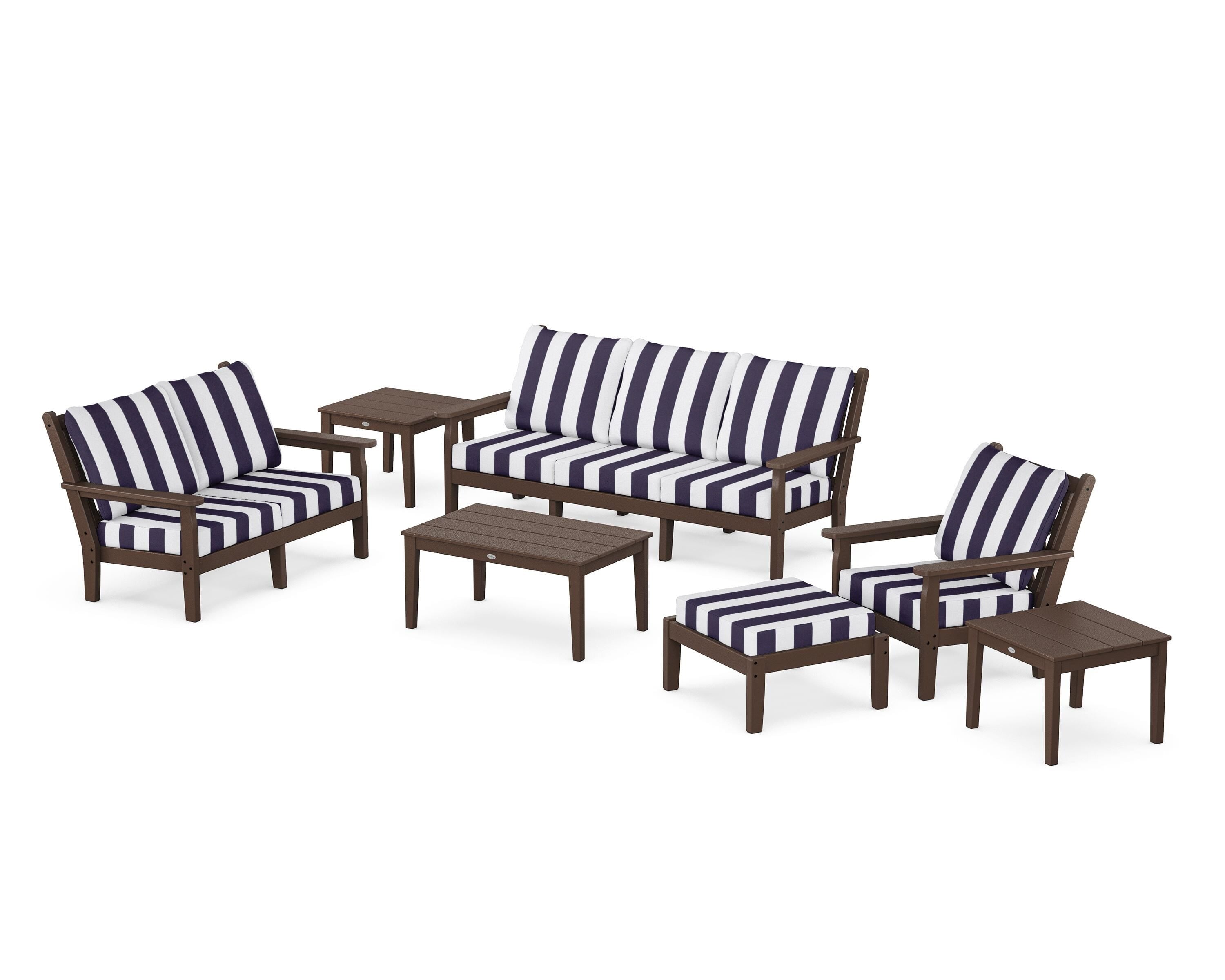 POLYWOOD® Chippendale 7-Piece Deep Seating Set in Mahogany / Cabana Stripe Navy