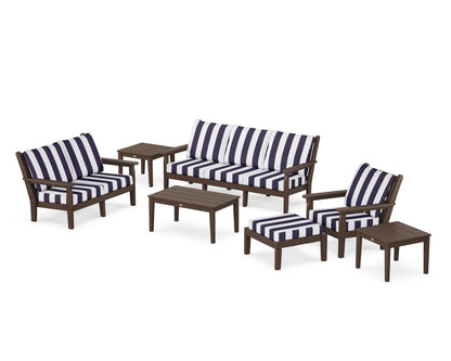 POLYWOOD® Chippendale 7-Piece Deep Seating Set in Mahogany / Cabana Stripe Navy