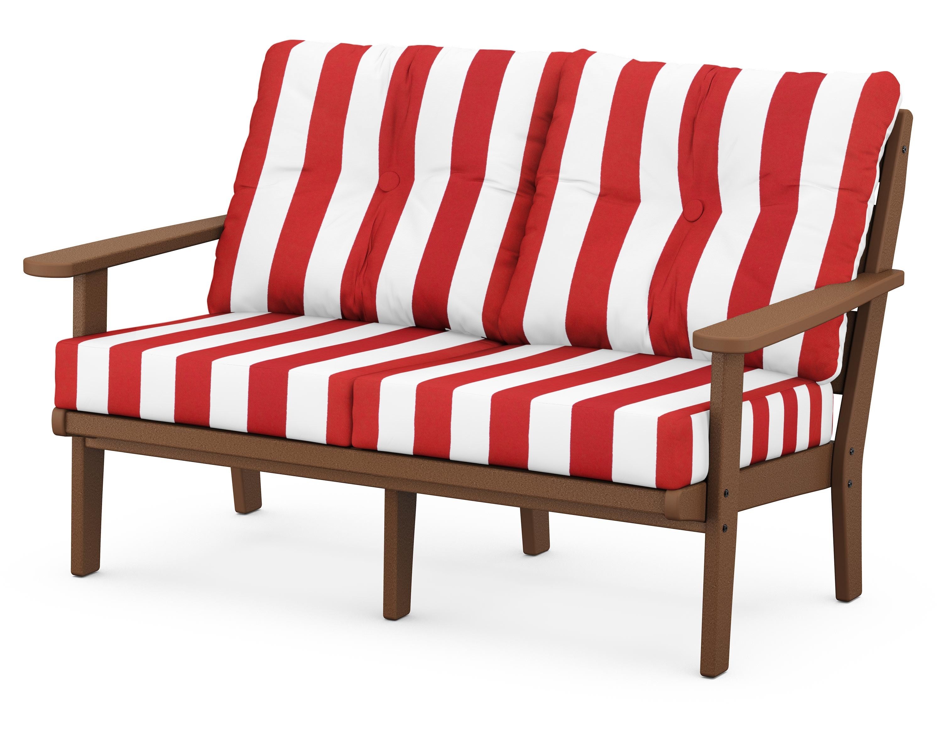 POLYWOOD® Lakeside Deep Seating Loveseat in Teak / Cabana Stripe Crimson
