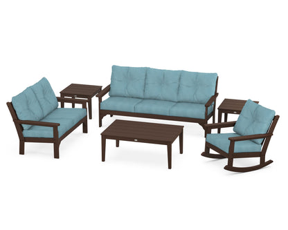 POLYWOOD® Vineyard 6-Piece Deep Seating Set in Mahogany / Lattice Sky Blue