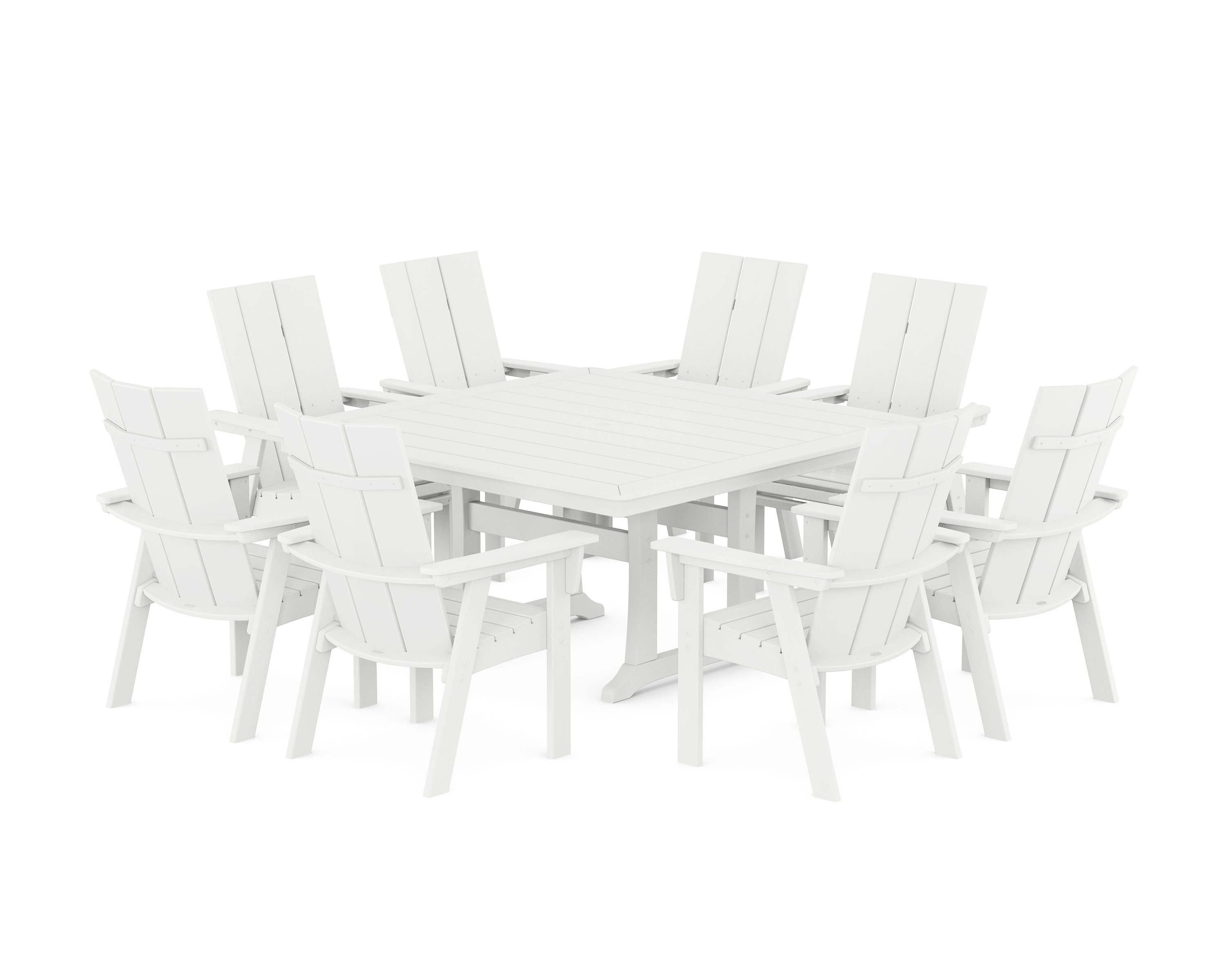 POLYWOOD® Modern Curveback Adirondack 9-Piece Square Dining Set with Trestle Legs in White
