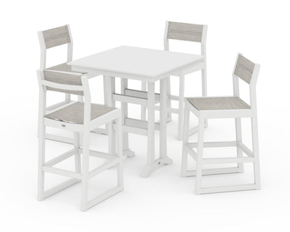 POLYWOOD® EDGE Sling Arm Chair 5-Piece Farmhouse Bar Set with Trestle Legs in White / Birch Sling