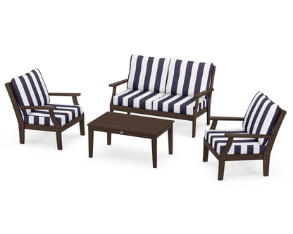 POLYWOOD® Braxton 4-Piece Deep Seating Chair Set in Mahogany / Cabana Stripe Navy