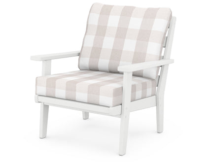 POLYWOOD® Grant Park Deep Seating Chair in White / Buffalo Plaid Dune Burlap