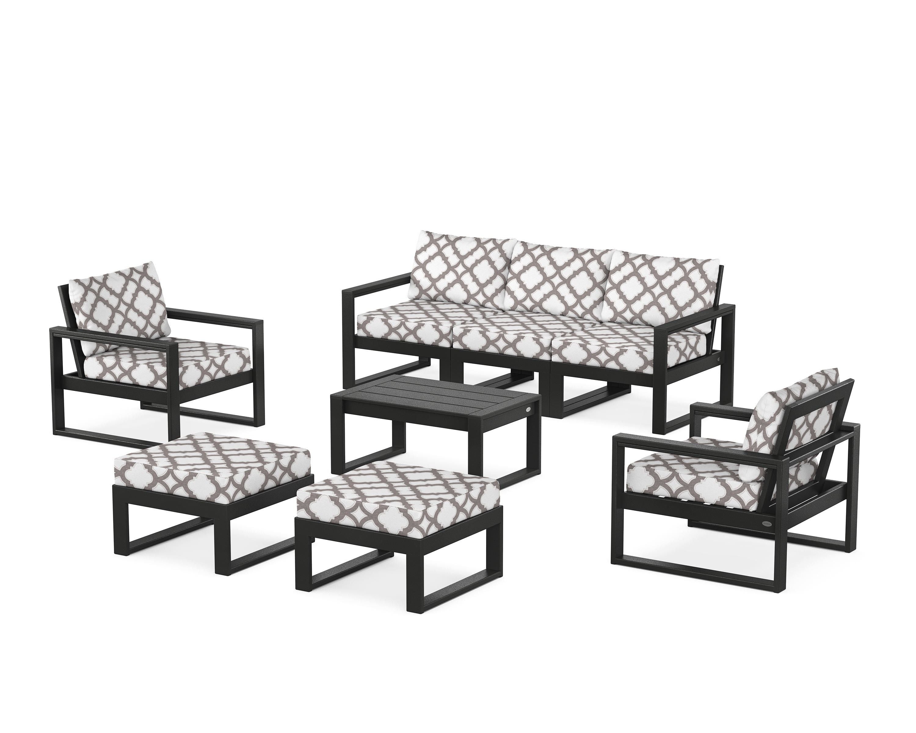 POLYWOOD® EDGE Sectional 8-Piece Lounge Sofa Set in Black / Trellis Grey Mist