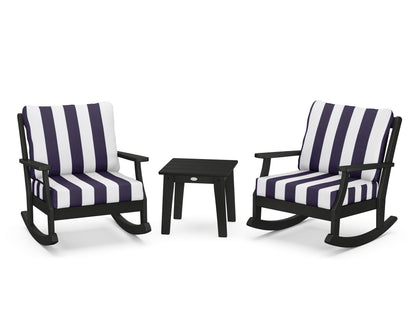 POLYWOOD® Braxton 3-Piece Deep Seating Rocker Set in Black / Cabana Stripe Navy