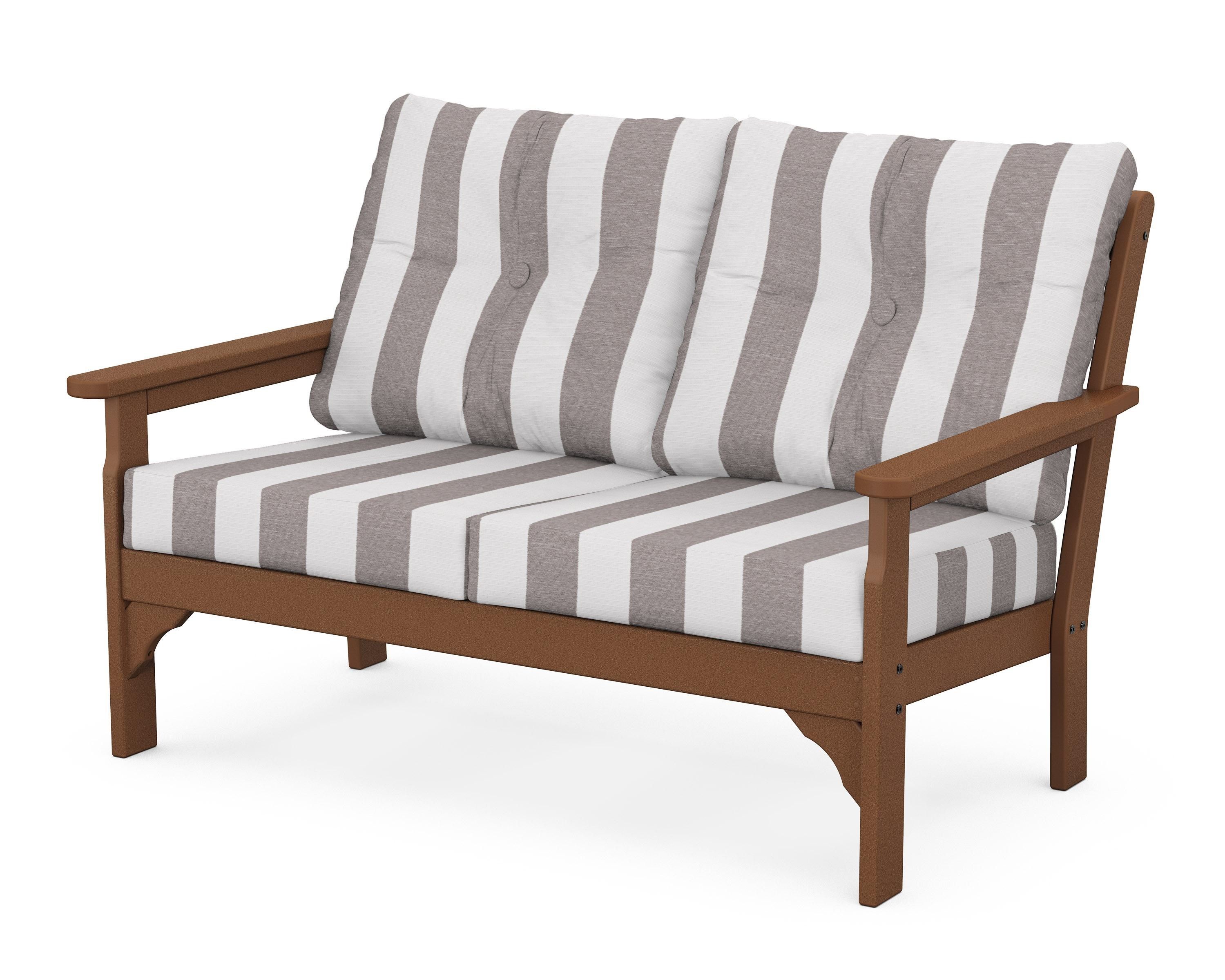 POLYWOOD® Vineyard Deep Seating Loveseat in Teak / Cabana Stripe Grey Mist