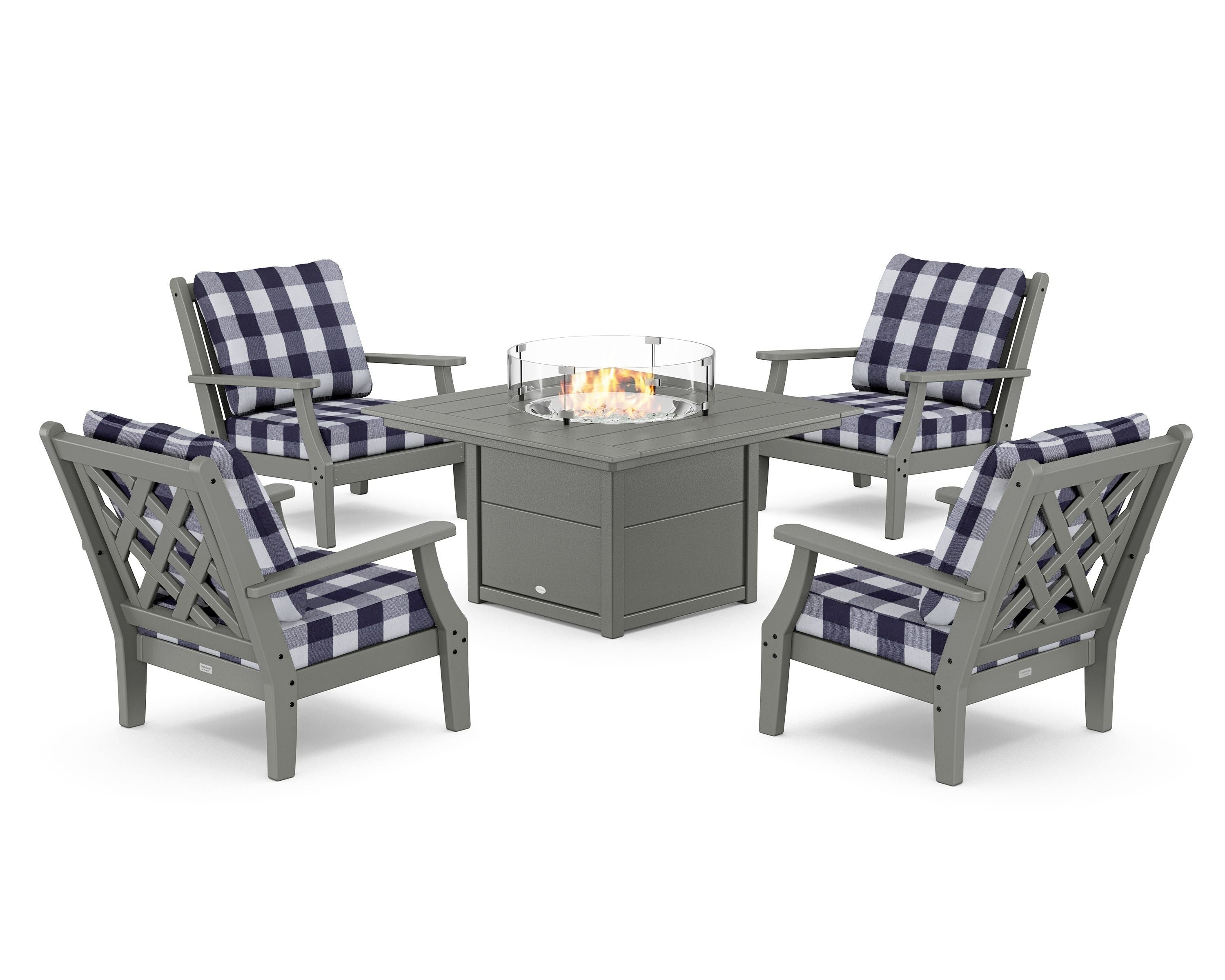 Country Living Wovendale 5-Piece Deep Seating Set with Fire Pit Table in Slate Grey / Buffalo Plaid Navy