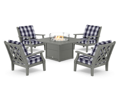 Country Living Wovendale 5-Piece Deep Seating Set with Fire Pit Table in Slate Grey / Buffalo Plaid Navy