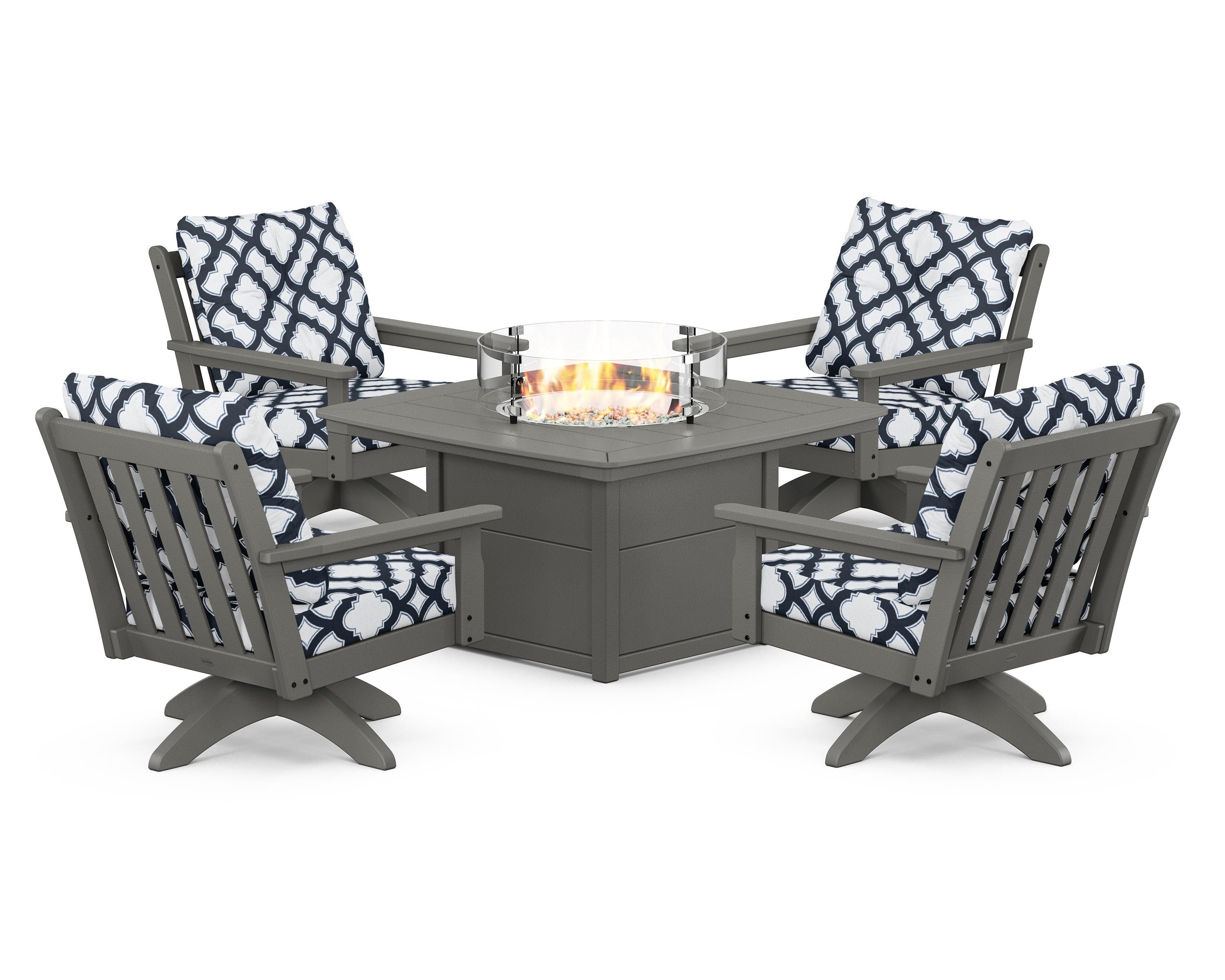 POLYWOOD® Vineyard 5-Piece Deep Seating Swivel Conversation Set with Fire Pit Table in Slate Grey / Trellis Marine Indigo