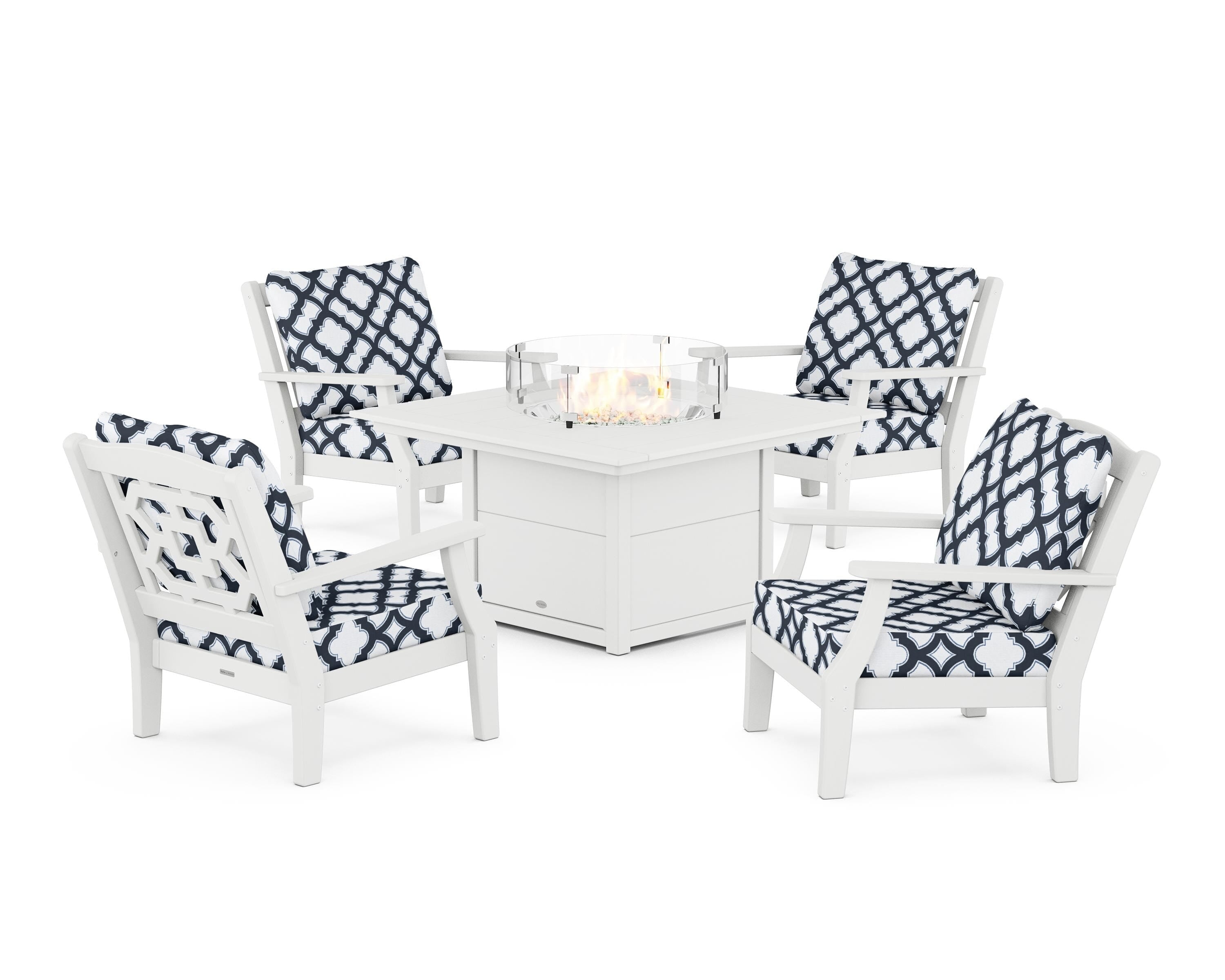 Martha Stewart by POLYWOOD® Chinoiserie 5-Piece Deep Seating Set with Fire Pit Table in White / Trellis Marine Indigo