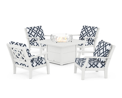 Martha Stewart by POLYWOOD® Chinoiserie 5-Piece Deep Seating Set with Fire Pit Table in White / Trellis Marine Indigo