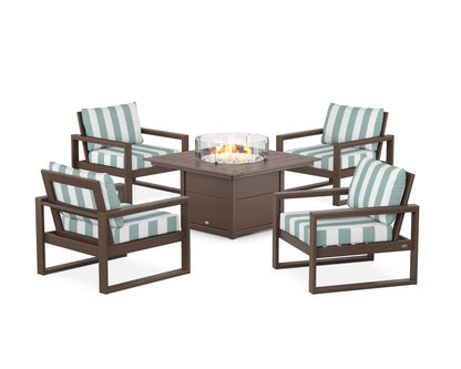 POLYWOOD® EDGE Sectional 5-Piece Deep Seating Set with Fire Pit Table in Mahogany / Cabana Stripe Glacier Spa