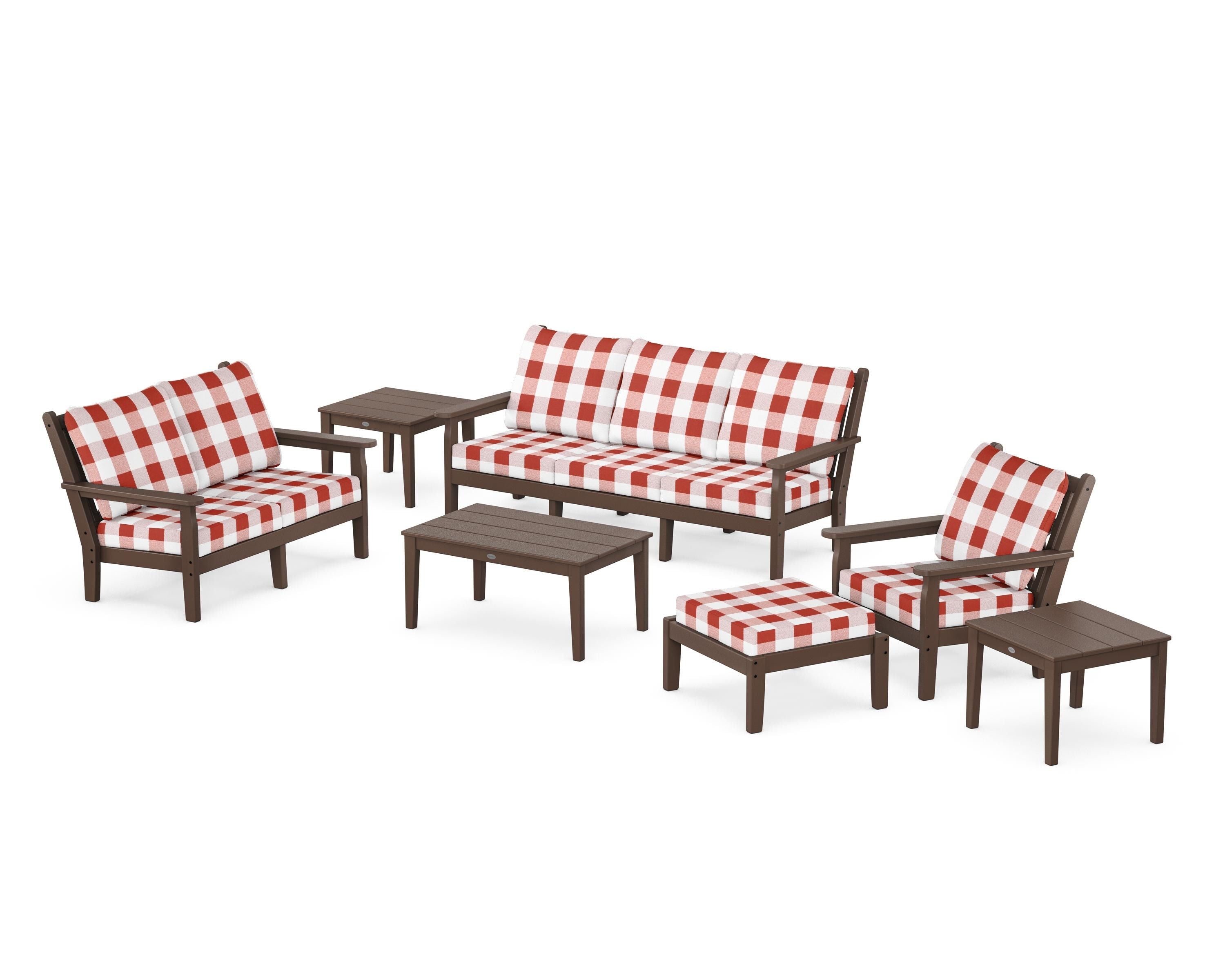 POLYWOOD® Chippendale 7-Piece Deep Seating Set in Mahogany / Buffalo Plaid Crimson