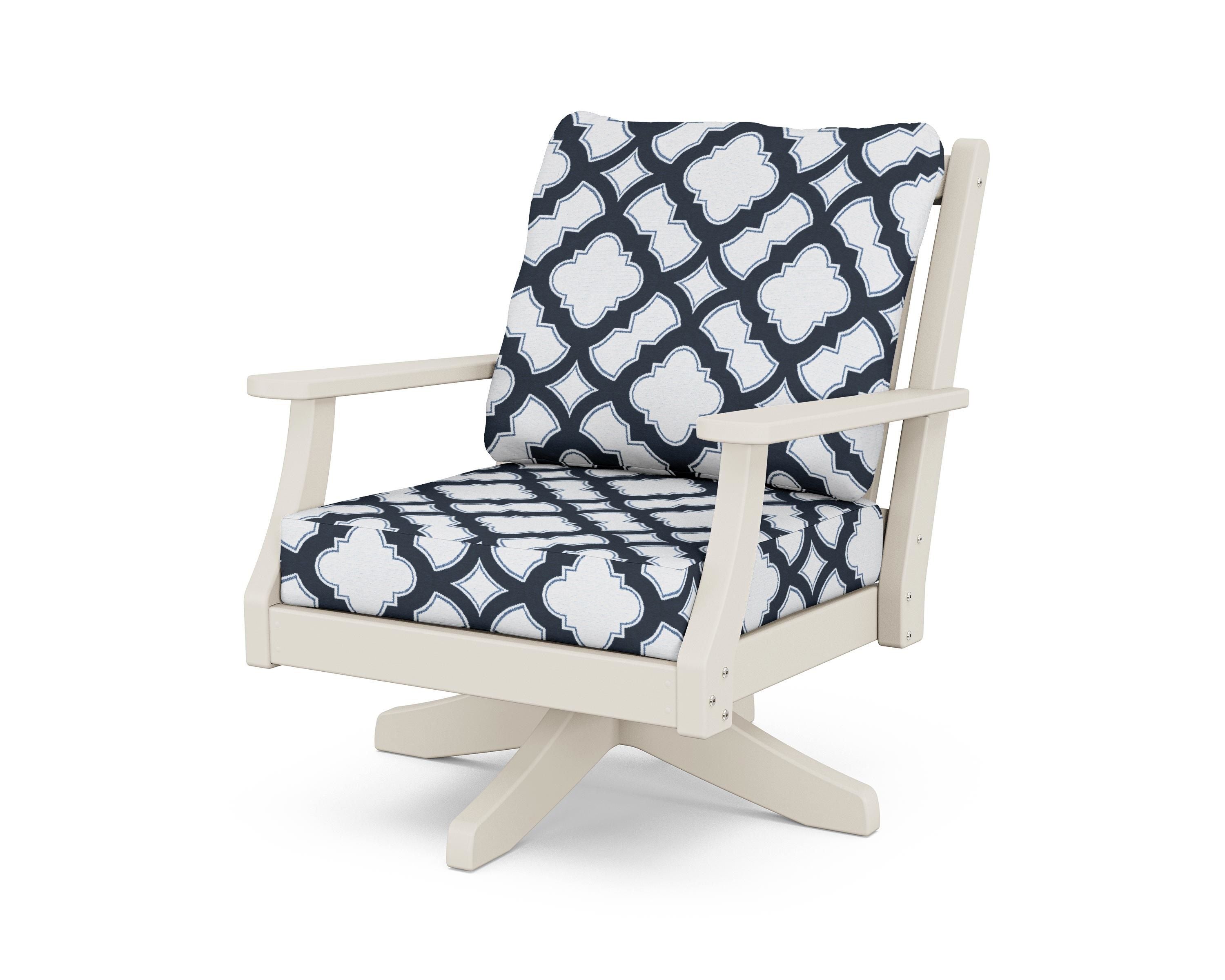Country Living Wovendale Deep Seating Swivel Chair in Sand / Trellis Marine Indigo