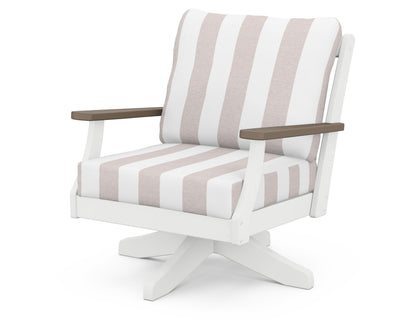 POLYWOOD® Braxton Deep Seating Swivel Chair in White / Kona / Cabana Stripe Dune Burlap