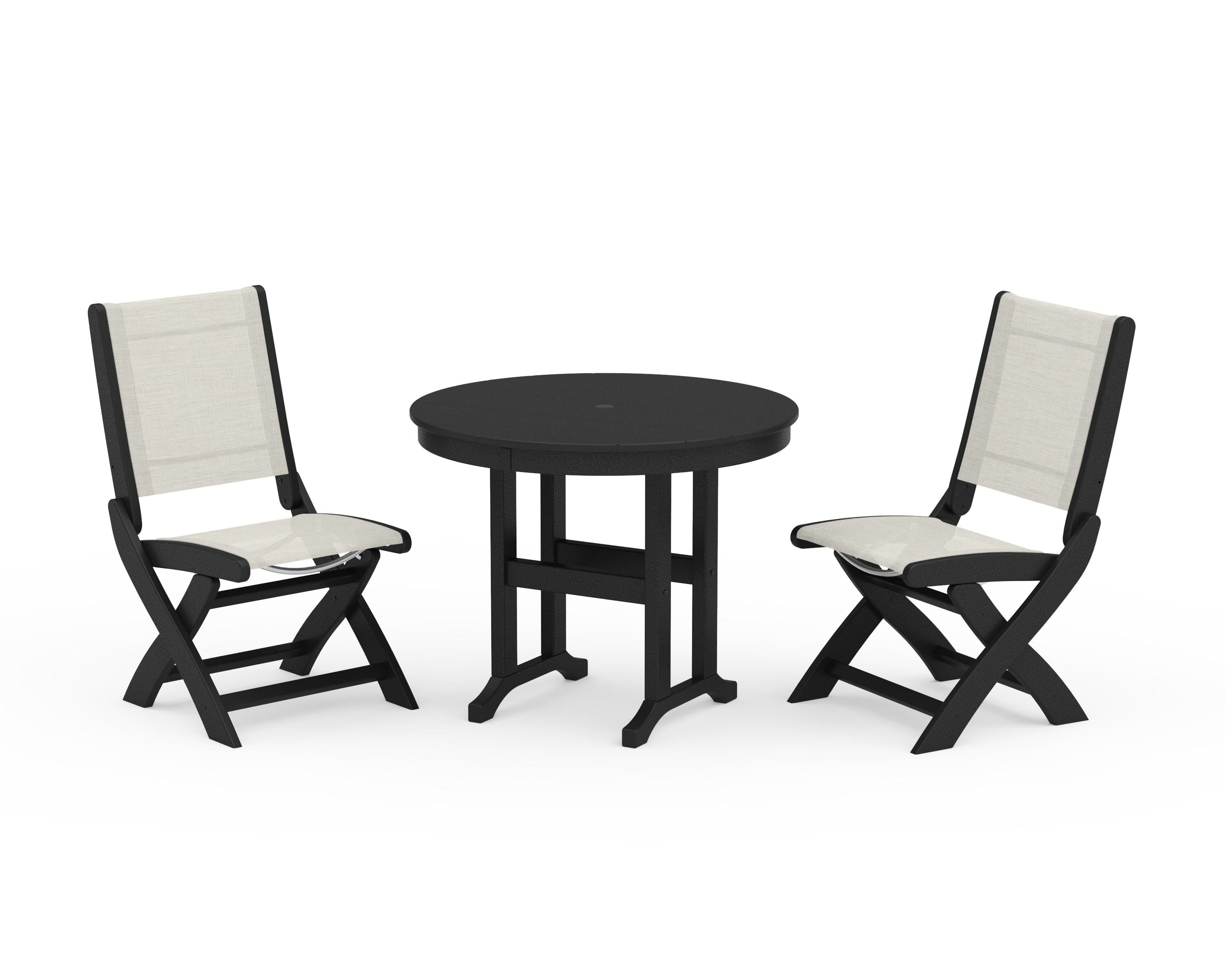 POLYWOOD® Coastal Folding Side Chair 3-Piece Round Dining Set in Black / Parchment Sling