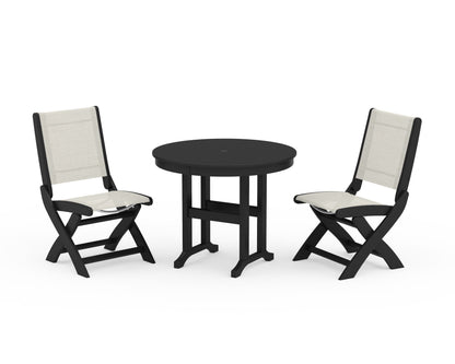POLYWOOD® Coastal Folding Side Chair 3-Piece Round Dining Set in Black / Parchment Sling