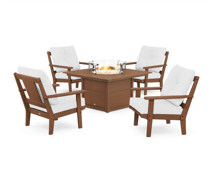 POLYWOOD® Prairie 5-Piece Deep Seating Set with Fire Pit Table in Teak / Natural