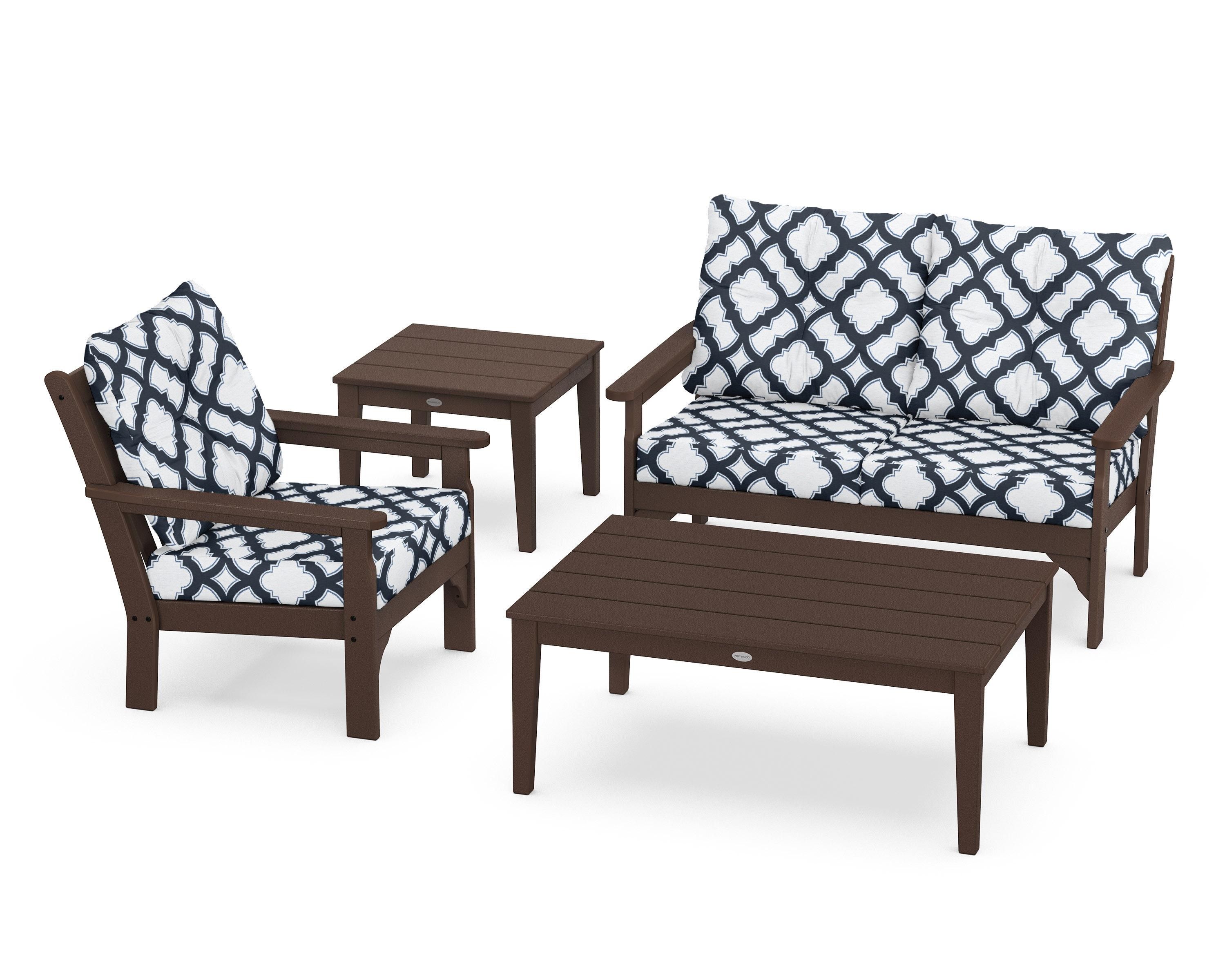 POLYWOOD® Vineyard 4-Piece Deep Seating Set in Mahogany / Trellis Marine Indigo