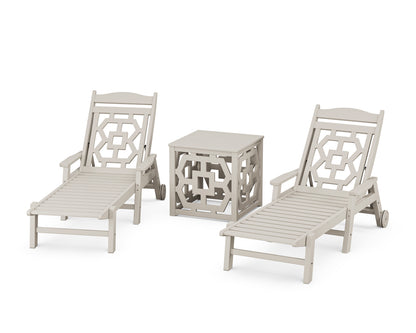 Martha Stewart by POLYWOOD® Chinoiserie 3-Piece Chaise Set with Umbrella Stand Accent Table in Sand
