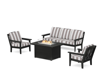 Country Living Cottage Deep Seating Fire Pit Table Set in Black / Cabana Stripe Grey Mist