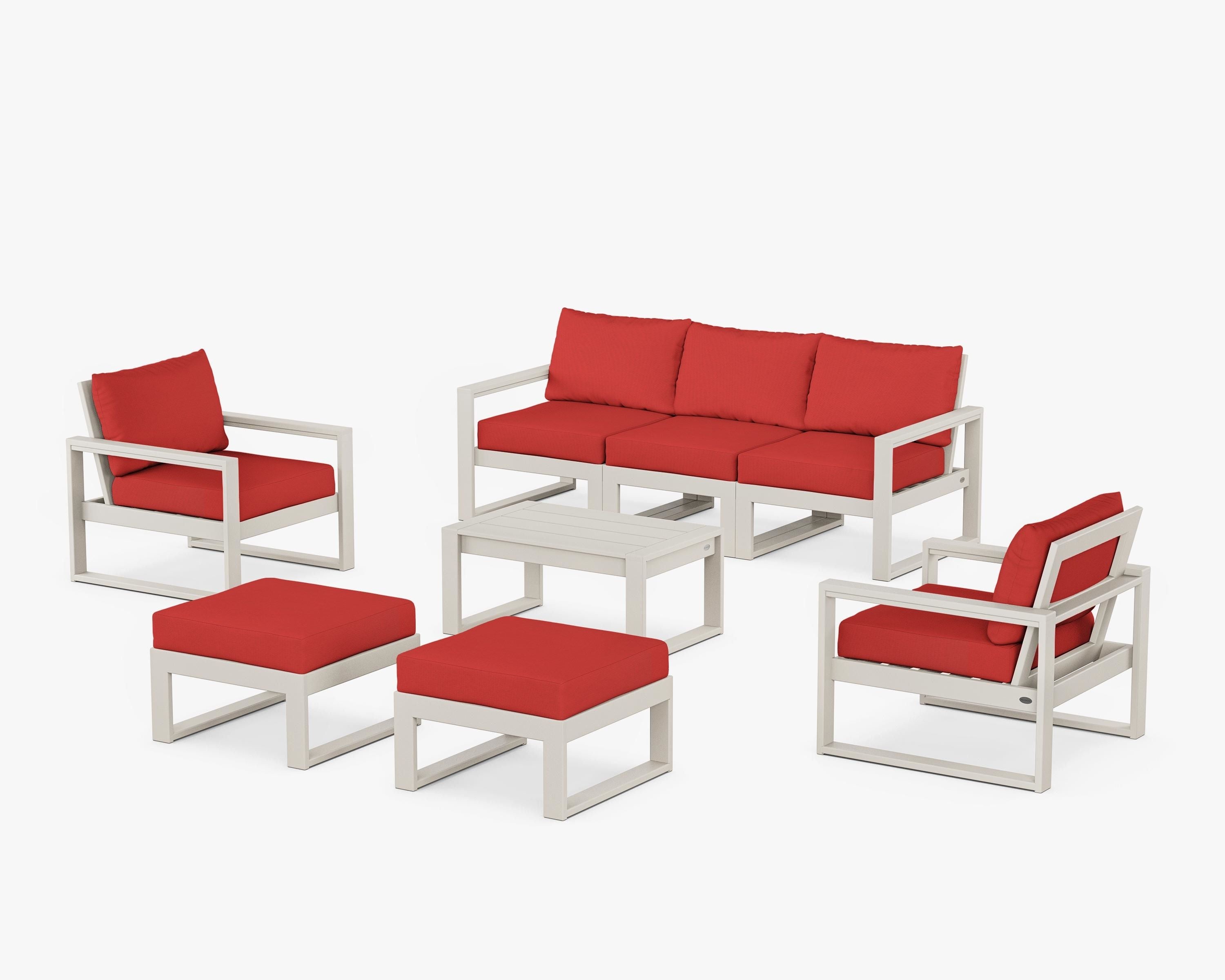 POLYWOOD® EDGE Sectional 8-Piece Lounge Sofa Set in Sand / Crimson Linen