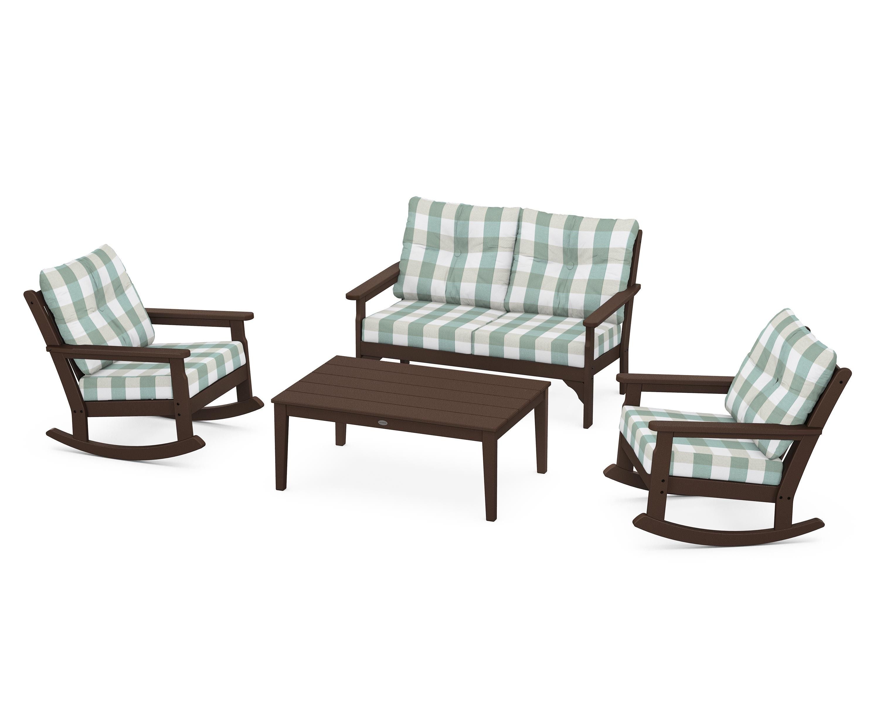POLYWOOD® Vineyard 4-Piece Deep Seating Rocking Chair Set in Mahogany / Buffalo Plaid Glacier Spa