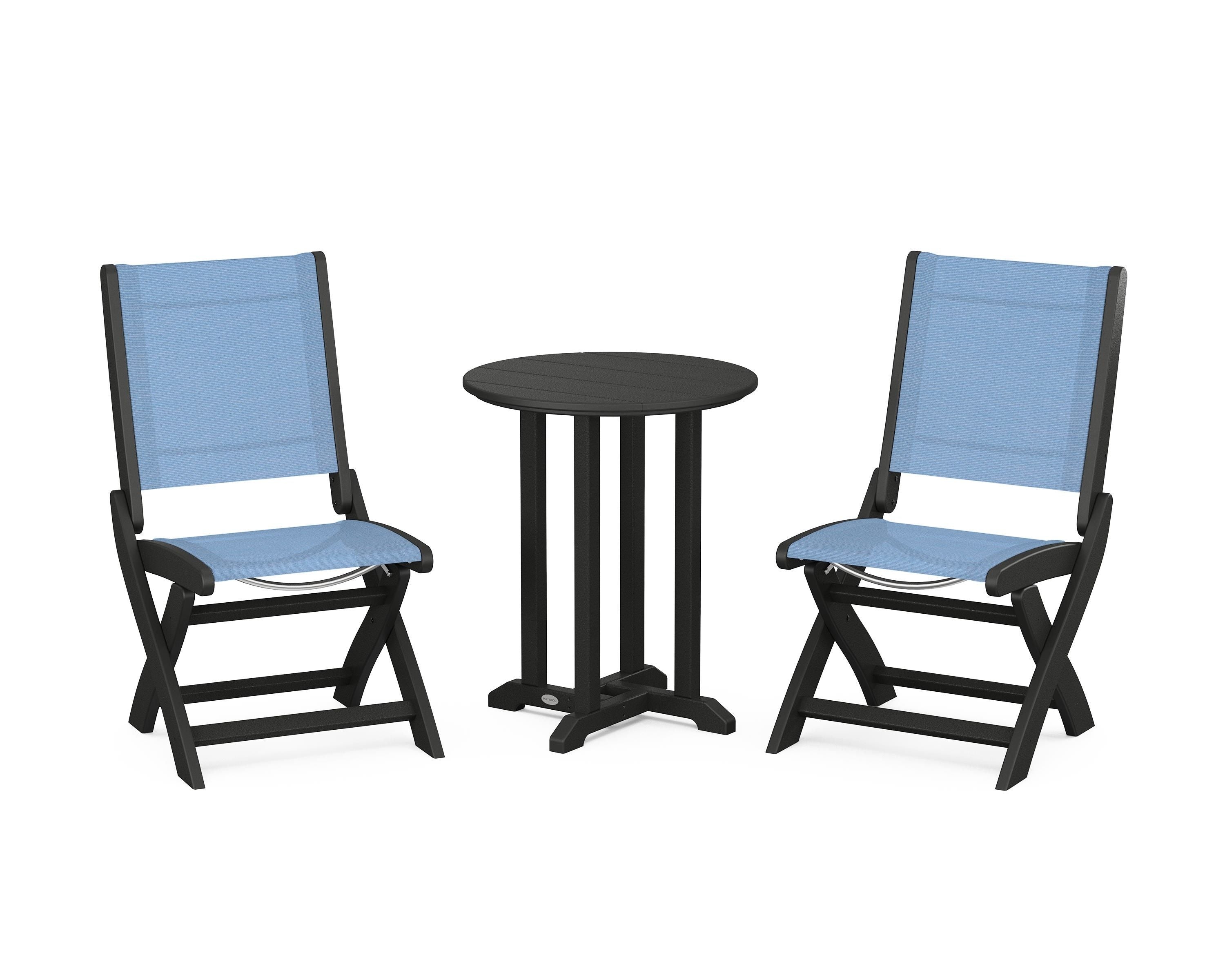 POLYWOOD® Coastal Folding Side Chair 3-Piece Round Bistro Dining Set in Black / Poolside Sling