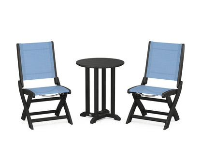 POLYWOOD® Coastal Folding Side Chair 3-Piece Round Bistro Dining Set in Black / Poolside Sling