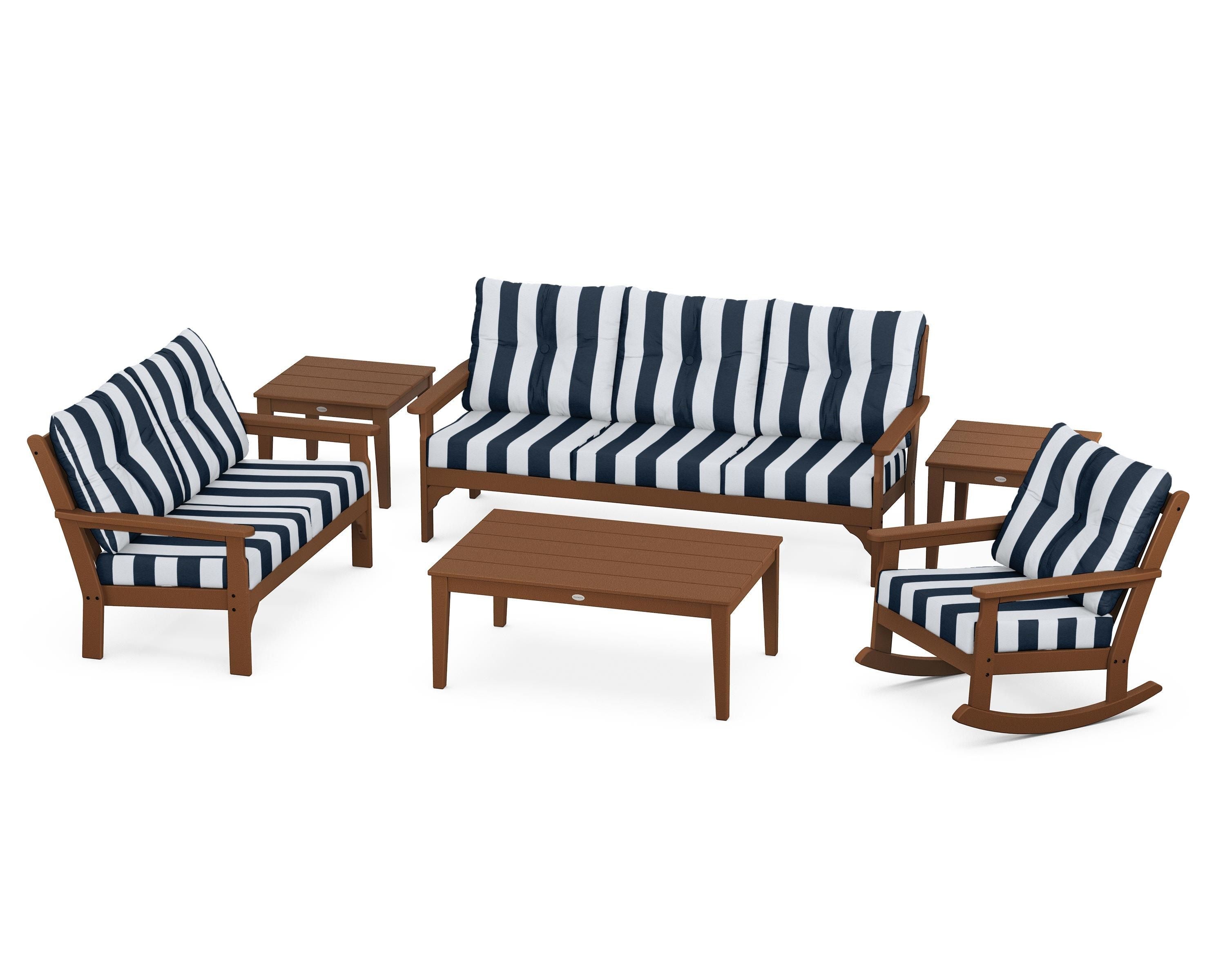 POLYWOOD® Vineyard 6-Piece Deep Seating Set in Teak / Cabana Stripe Marine Indigo