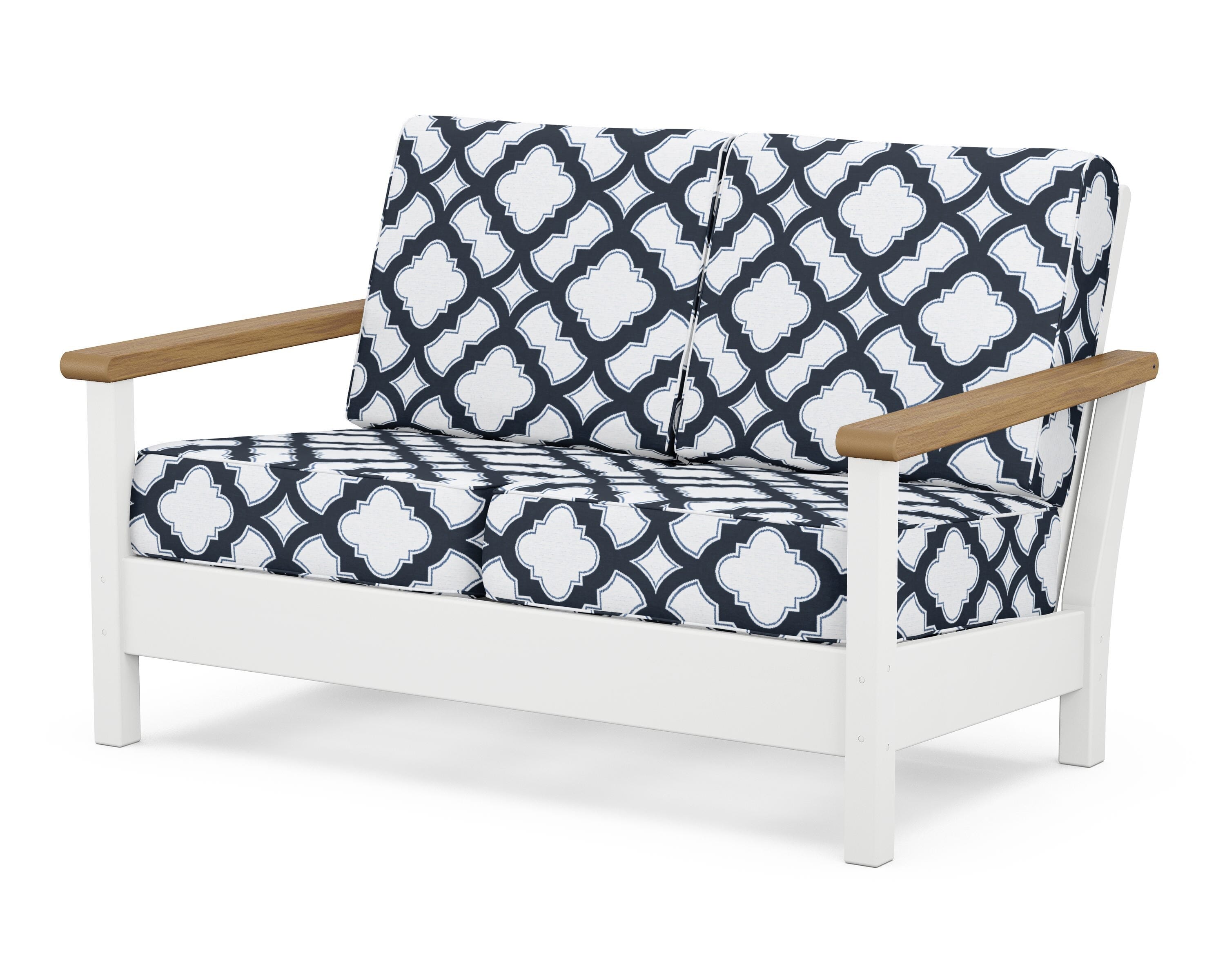 POLYWOOD® Harbour Deep Seating Loveseat in White / Natural / Trellis Marine Indigo