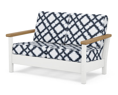 POLYWOOD® Harbour Deep Seating Loveseat in White / Natural / Trellis Marine Indigo