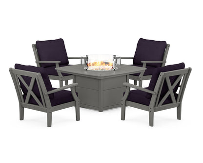 POLYWOOD® Braxton 5-Piece Deep Seating Conversation Set with Fire Pit Table in Slate Grey / Navy Linen